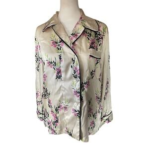Zara Women Floral Pajama Style Button Down Shirt S Cream Pink Satin Lounge Chic